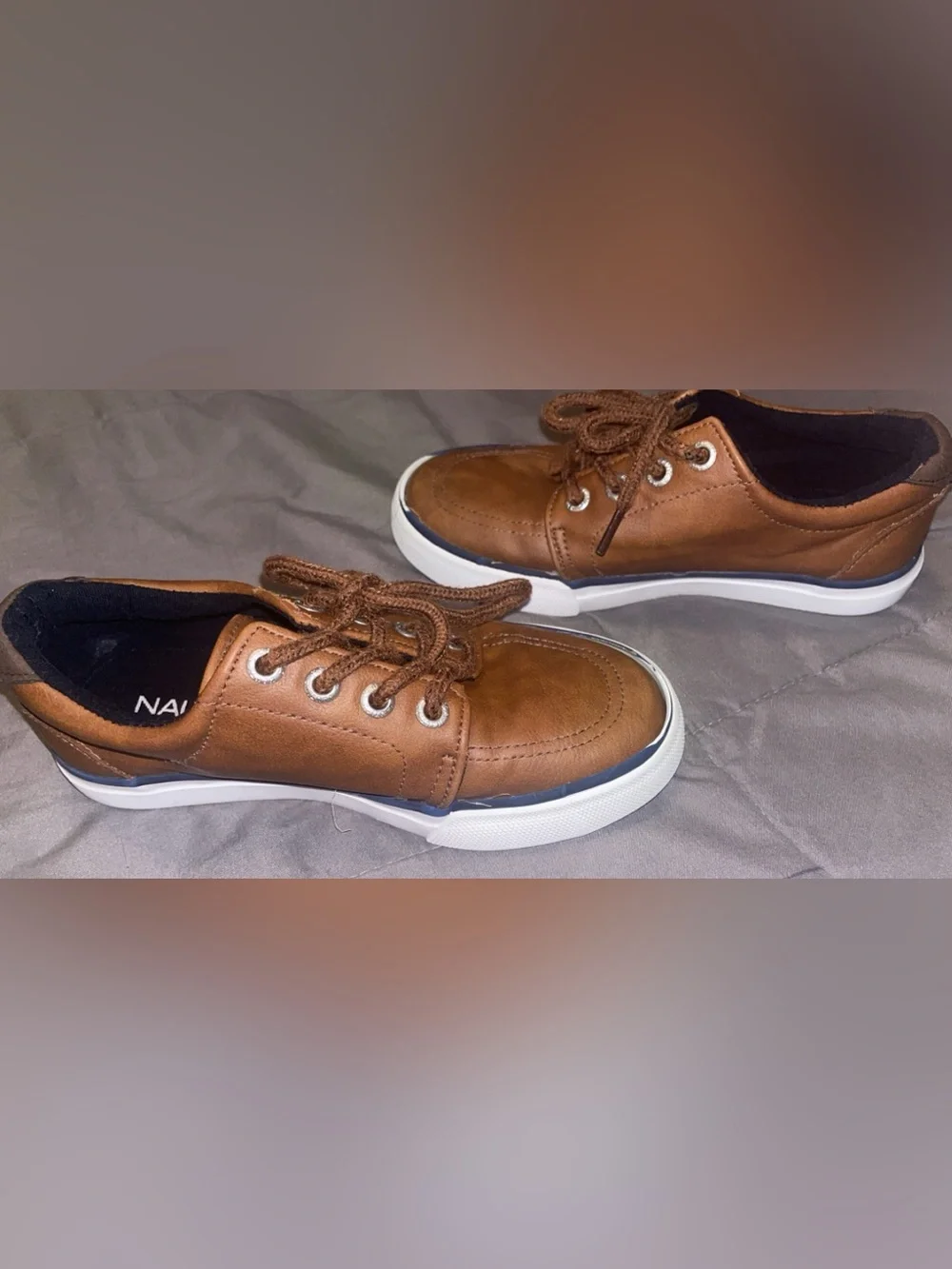 Nautica Tan/Brown Lace-Up Kids Boat Shoes with White Sole